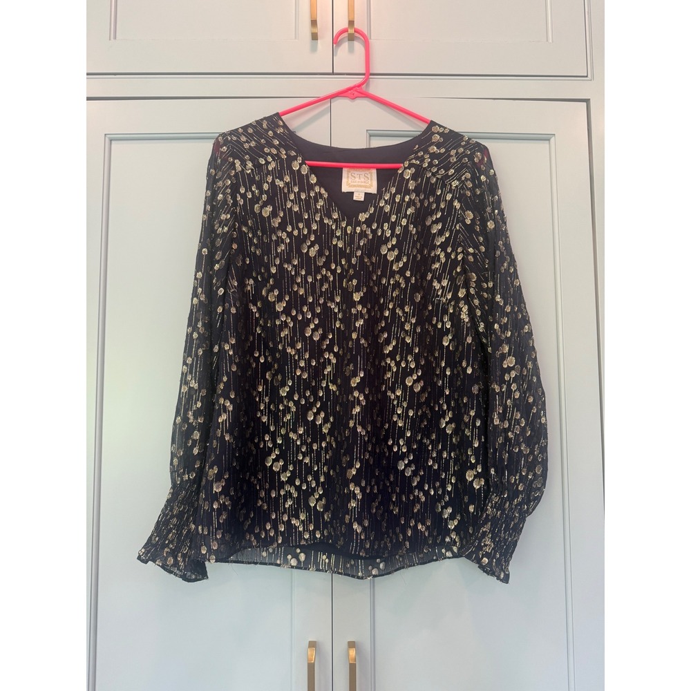 Sail to Sable STS Navy Gold Metallic Blouse Smocked Poet Cuff S heritage silk - Picture 2 of 9